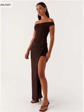 Peppermayo Off-Shoulder Brown Maxi Dress with Side Knot and Slit